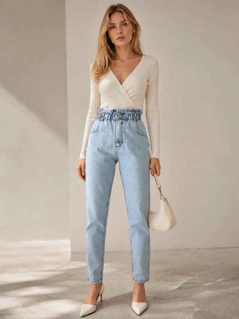 Kadın Yüksek Bel Çift Düğmeli Kemer Büzgülü Mom Jeans Kot Pantolon