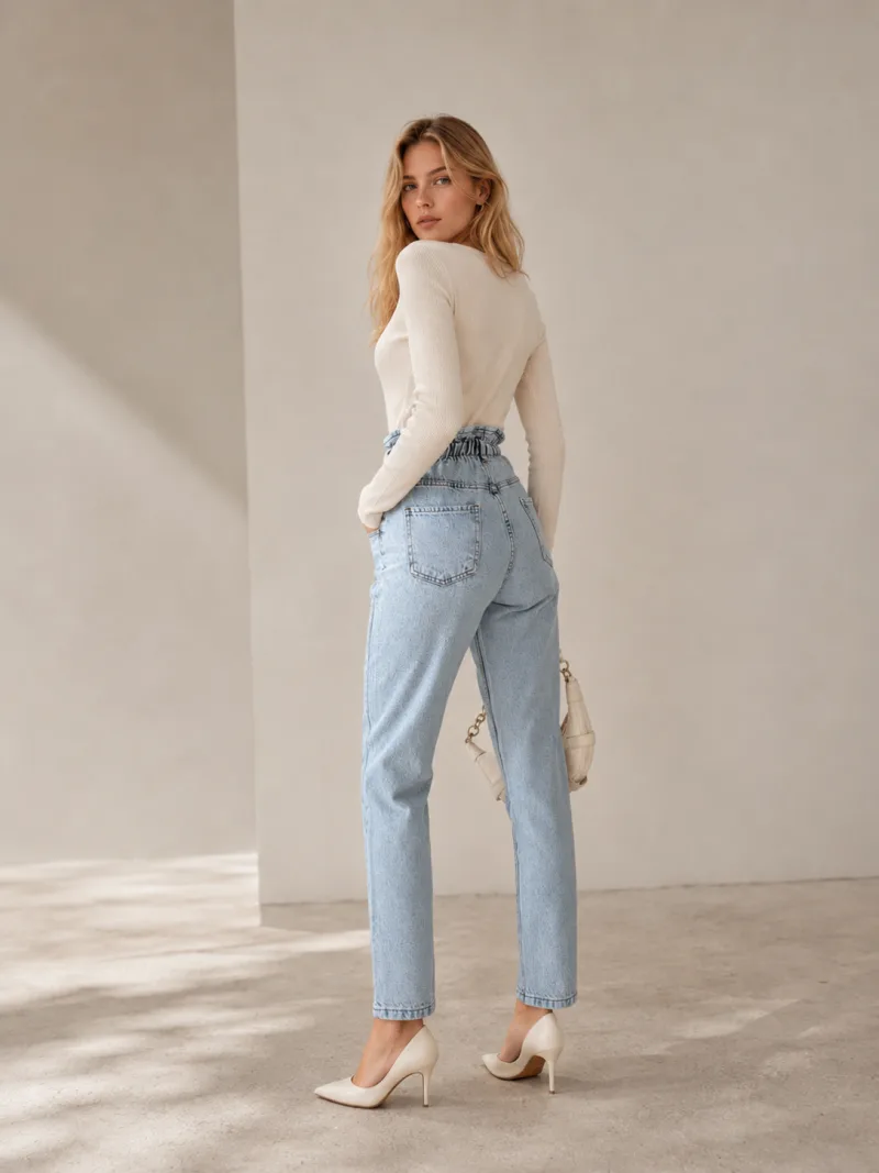 Kadın Yüksek Bel Çift Düğmeli Kemer Büzgülü Mom Jeans Kot Pantolon