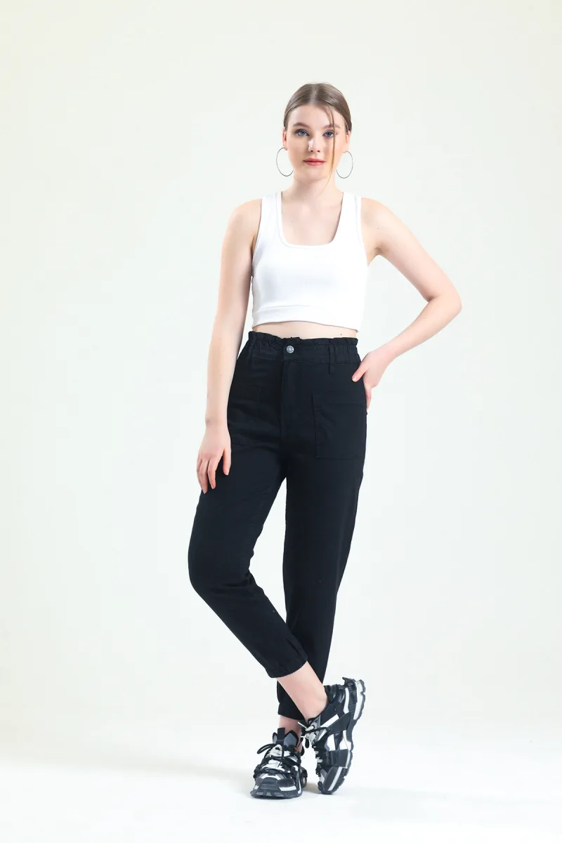 Kadın Siyah Cep Detaylı Jogger Jean Kot Pantolon (ince Kumaş)