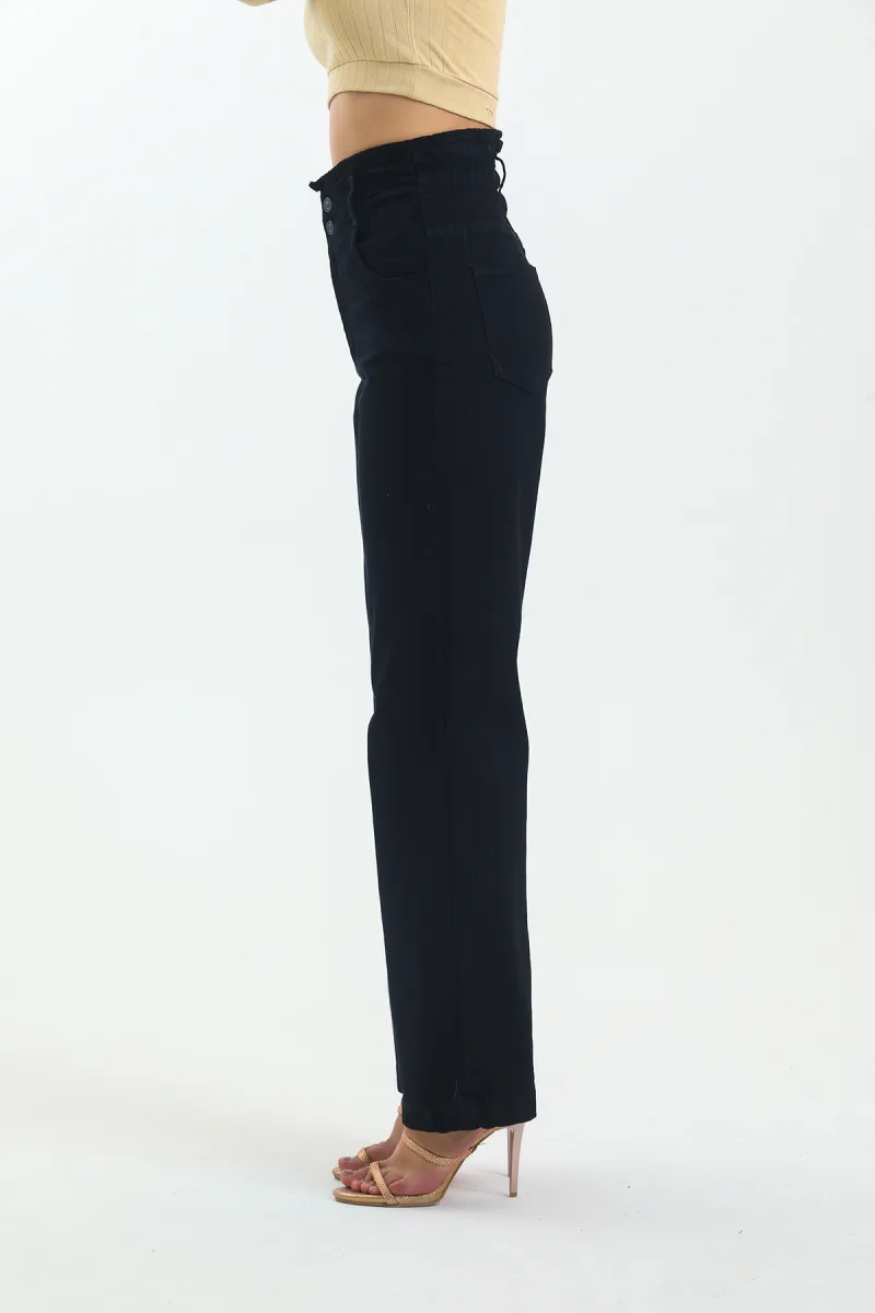 Siyah Beli Lastikli Boyfriend Bol Paça Kot Pantolon Wide Leg Jean