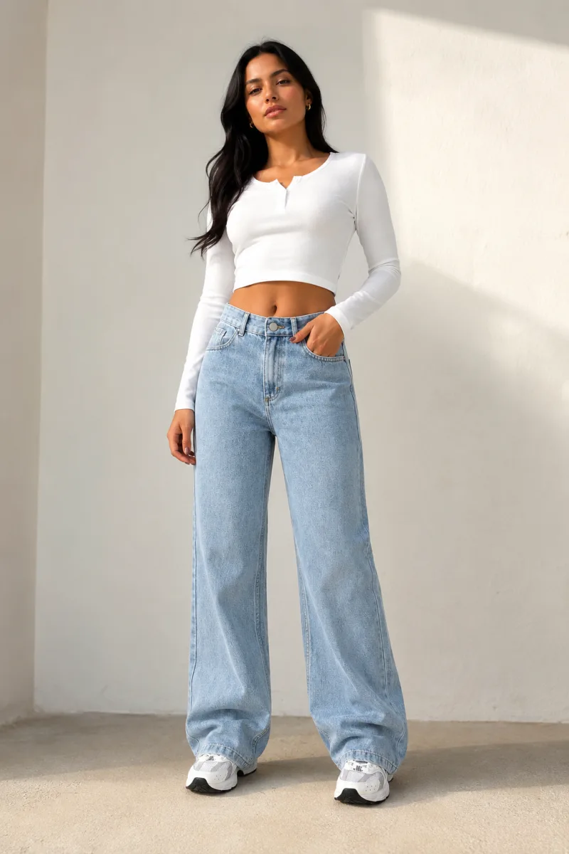 Buz Mavi Likralı Boyfriend Wide Leg Jean Bol Paça Kot Pantolon