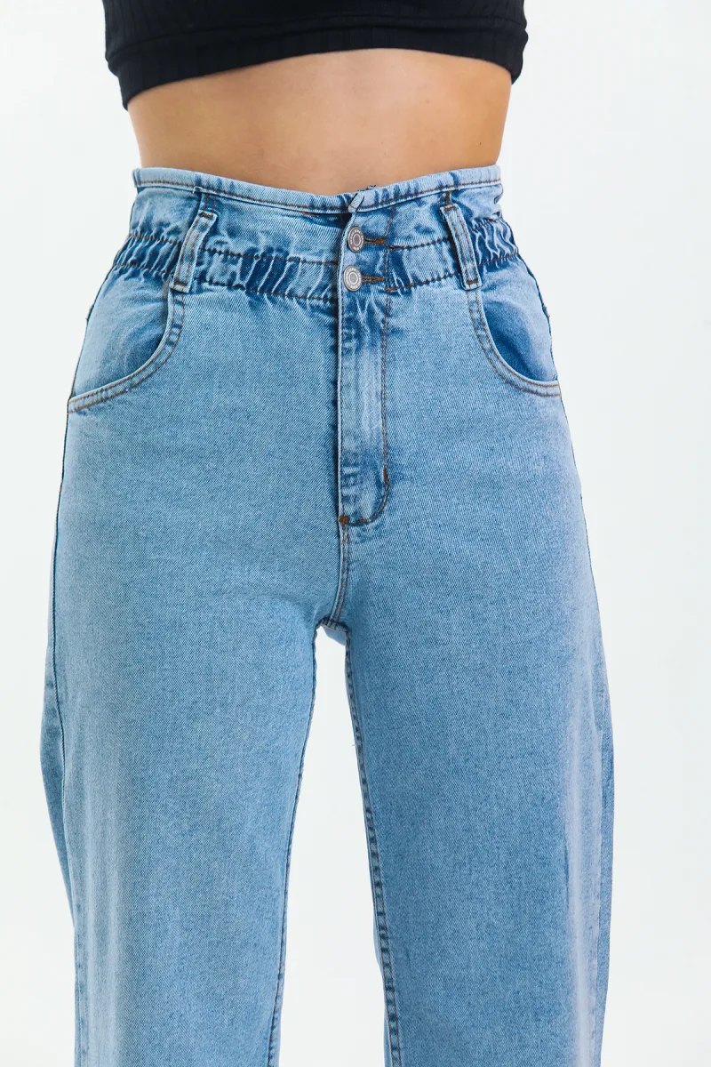 Buz Mavi Kemer Büzgülü Likralı Yüksek Bel Salaş Kot Pantolon Wide Leg Lean