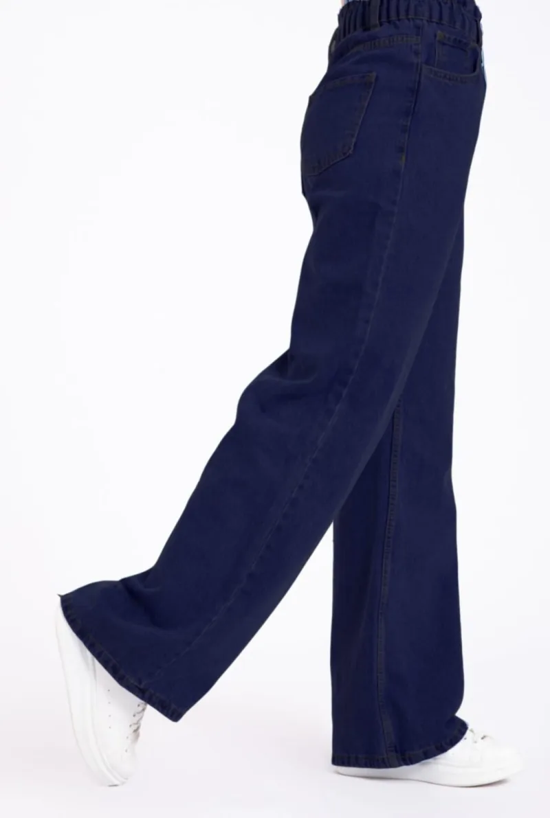 Lacivert Beli Lastikli Likralı Yüksek Bel Wide Leg Jeans Bol Paça Kot Pantolon