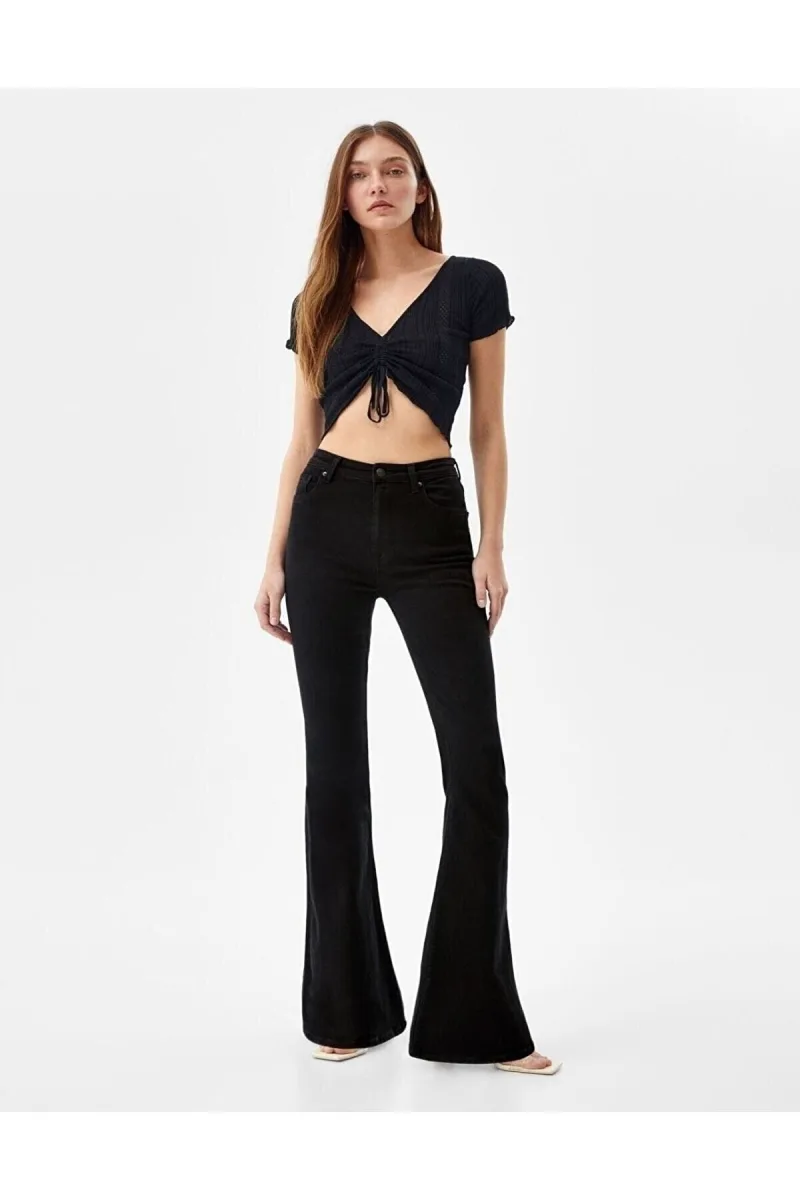 Siyah Yüksek Bel Ispanyol Paça Flare Jeans