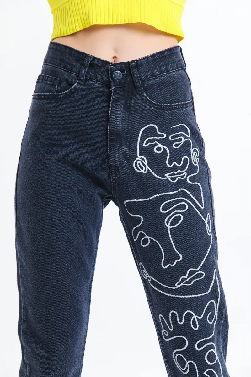 Füme Yüz Nakışlı Yüksek Bel Mom Jean Bacak Desenli Kot Pantolon