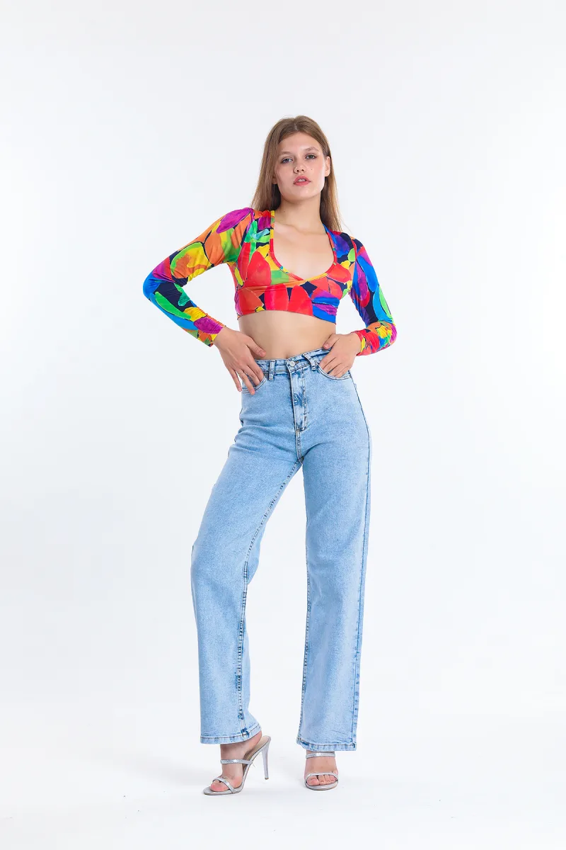 Buz Mavi Likralı Yüksek Bel 90's Wide Leg Jeans Bol Paça Boyfriend Kot Pantolon