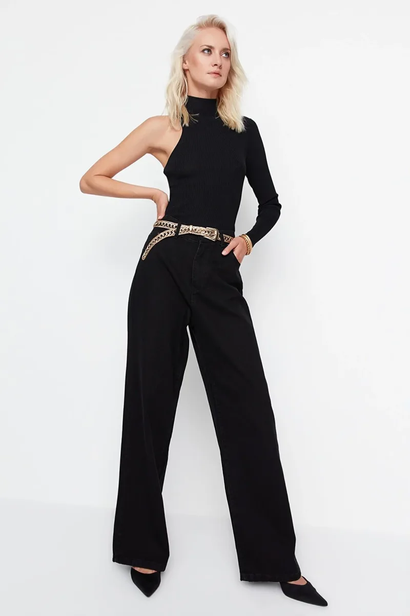 Siyah Likralı Yüksek Bel 90's Wide Leg Jeans Bol Paça Boyfriend Kot Pantolon