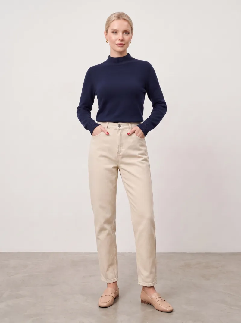 Kadın Beyaz Keten Mom Jeans Pantolon
