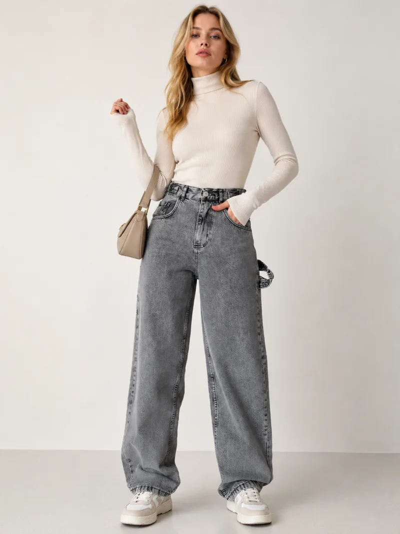 Kadın Füme Yan Kemer Tokalı Yüksek Bel Baggy Jeans Salaş Kot Pantolon