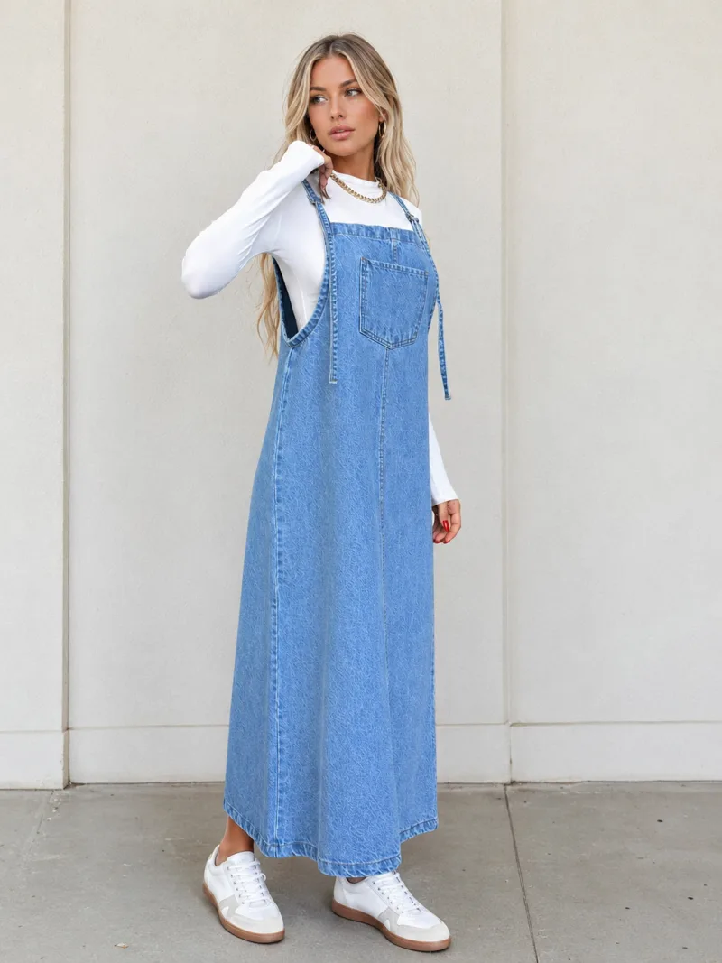 Mavi Uzun Salopetli Denim Kot Jile Elbise
