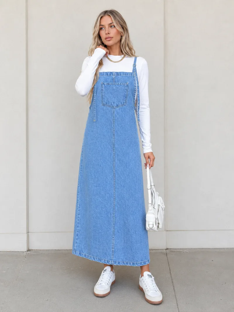 Mavi Uzun Salopetli Denim Kot Jile Elbise