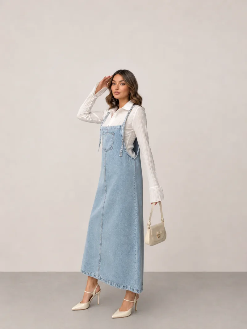 BuzMavi Uzun Salopetli Denim Kot Jile Elbise