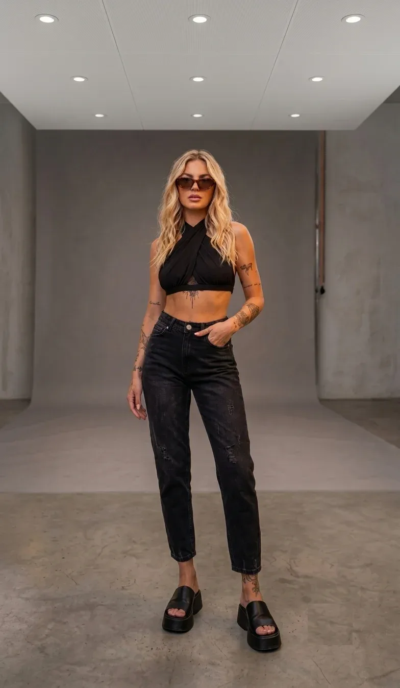 Kadın Füme Yüksek Bel Yırtık Boyfriend Mom Jean Kot Pantolon