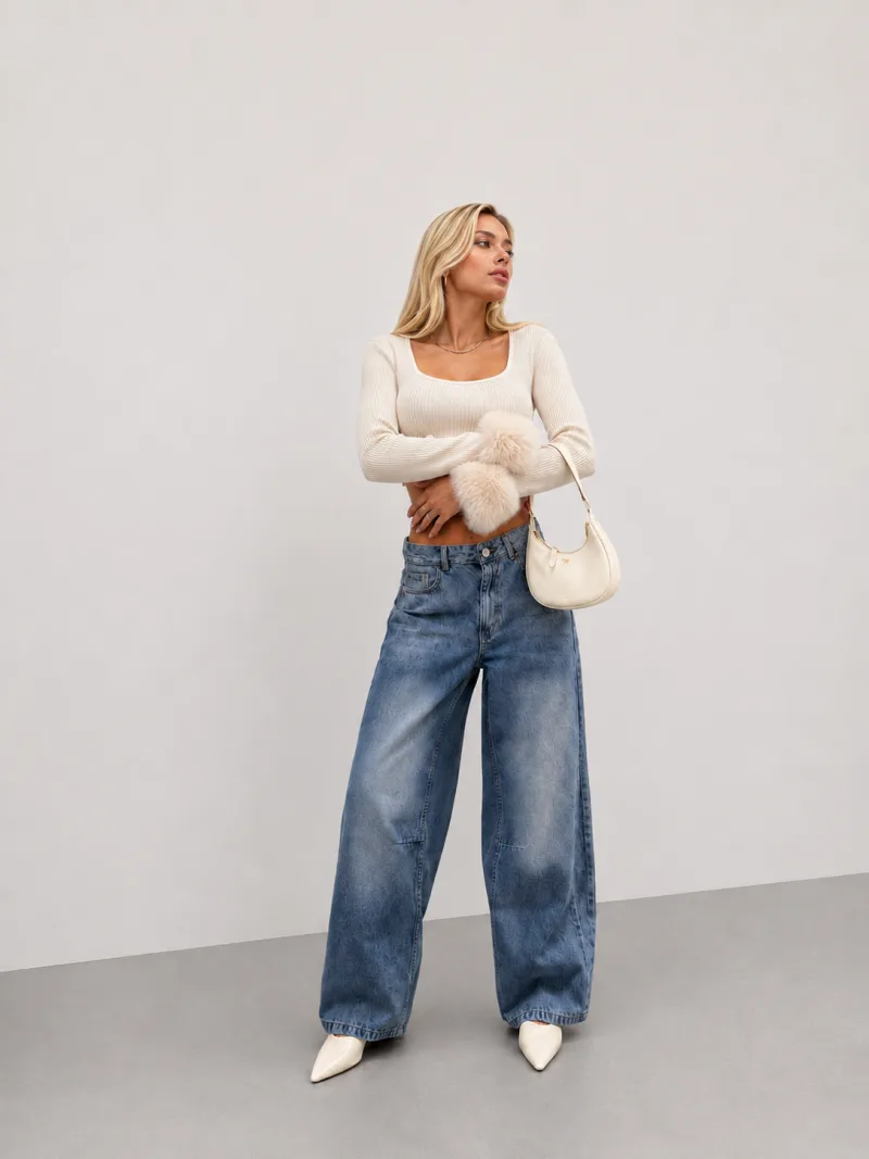 Kadın Mavi Yüksek Bel Geniş Paça Tint Yıkama Bol Kesim Baggy Jeans Salaş Kot Pantolon