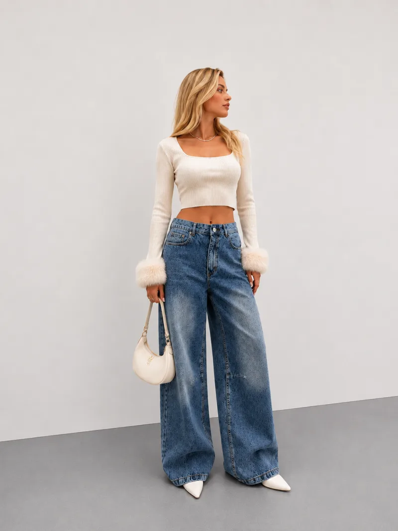Kadın Mavi Yüksek Bel Geniş Paça Tint Yıkama Bol Kesim Baggy Jeans Salaş Kot Pantolon