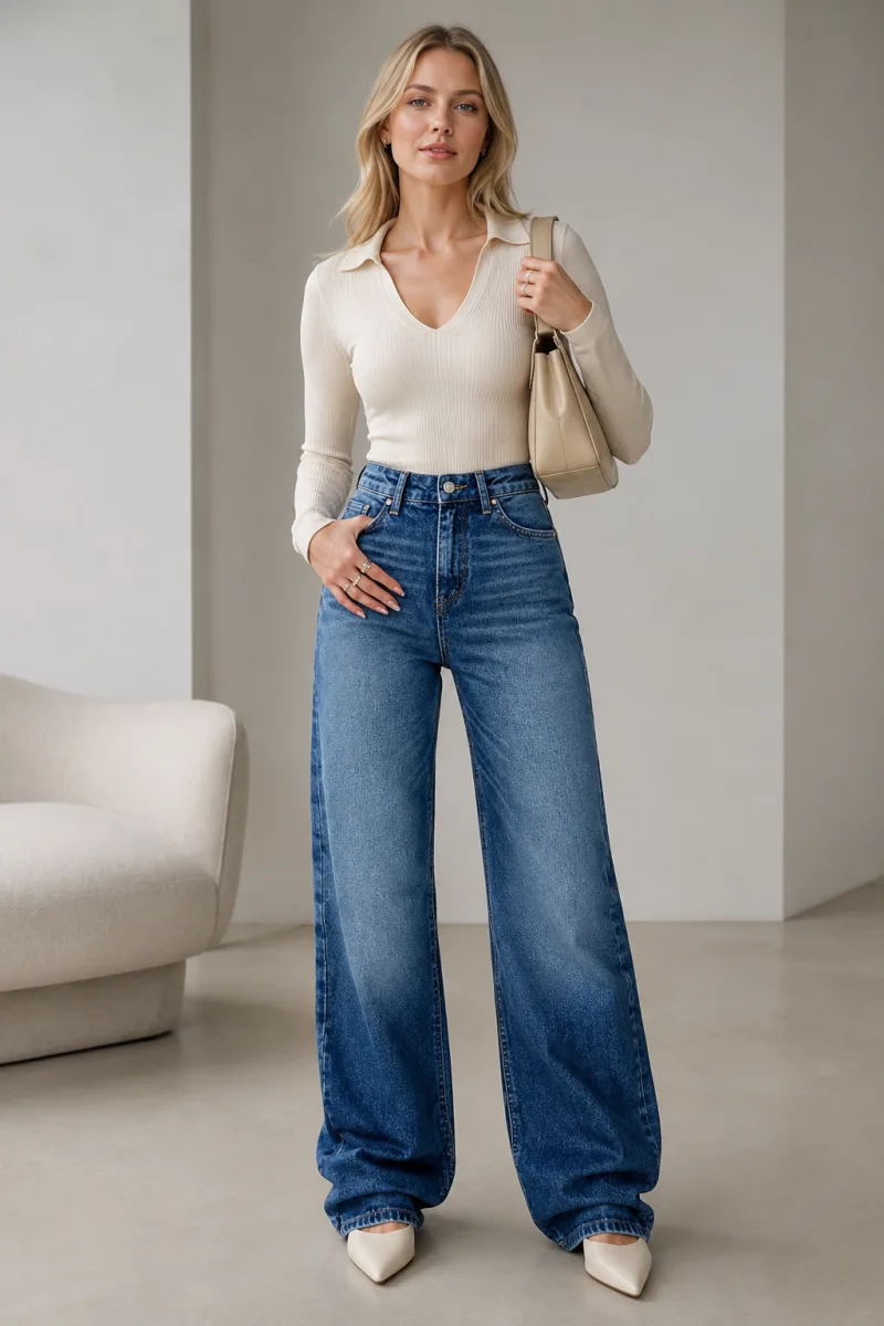 Kadın Mavi Bıyık Yıkamalı İşlemeli Boru Paça Denim Kot Pantolon