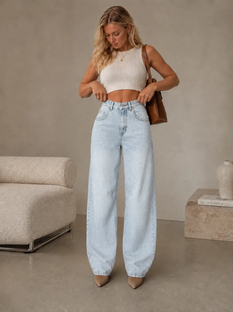Kadın Siyah Arka Kemer Tokalı Yüksek Bel Baggy Jeans Salaş Kot Pantolon