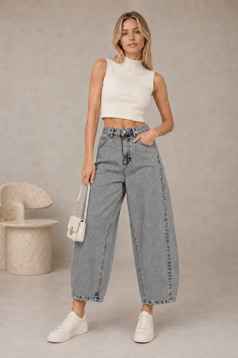 Buz Mavi Yüksek Bel Kısa Paça Bol Paça Baggy Jean Kot Pantolon