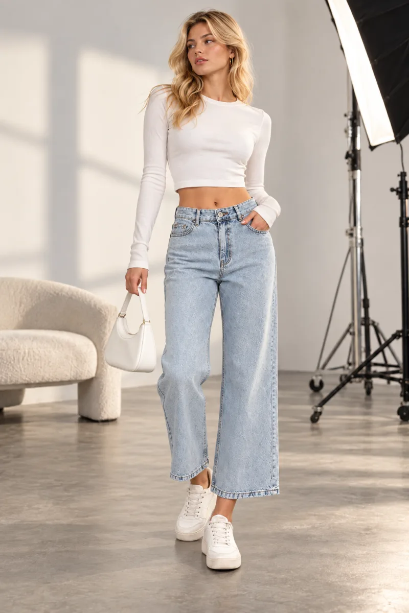 Kadın Yüksek Bel Bilek Boy Geniş Paça Modern Kesim Denim Jean Pantolon