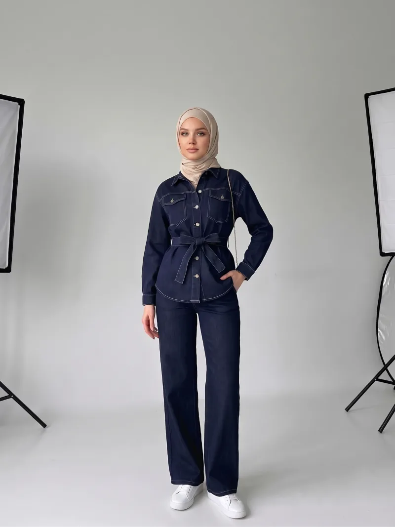 Kadın Kuşaklı Buz Mavi Denim Ceket Pantolon İkili Takım
