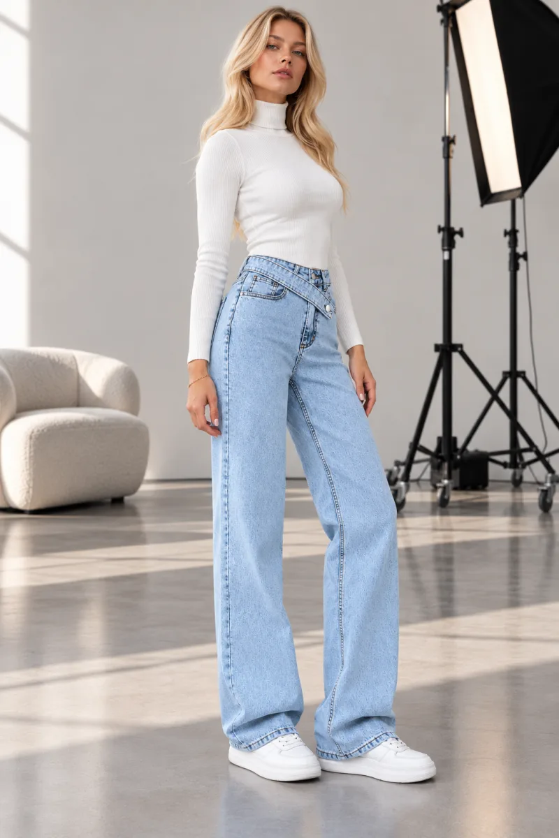 Kadın Likralı Kemer Dil Detaylı Şardonlu BuzMavi Denim Jean Pantolon