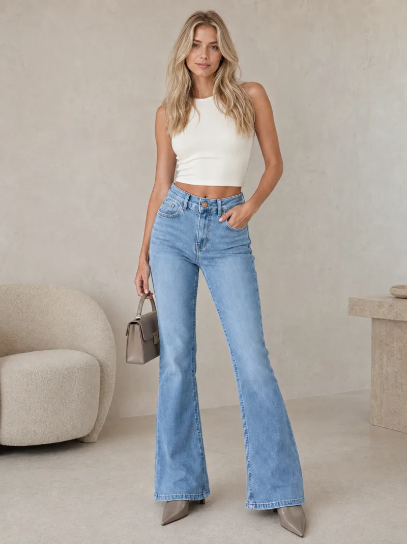 Kadın Mavi İspanyol Paça Likralı Slimfit Jeans Kot Pantolon