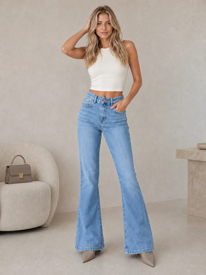 Kadın Mavi İspanyol Paça Likralı Slimfit Jeans Kot Pantolon