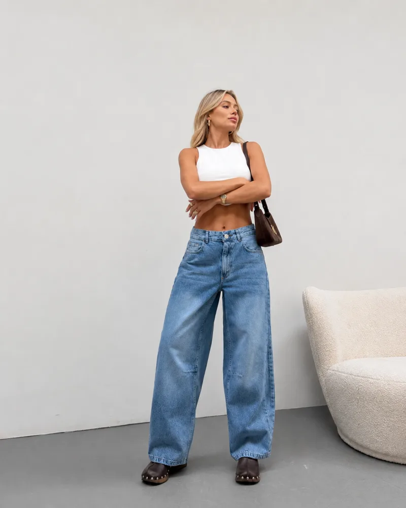 Kadın Mavi Yüksek Bel Geniş Paça Tint Yıkama Bol Kesim Baggy Jeans Salaş Kot Pantolon