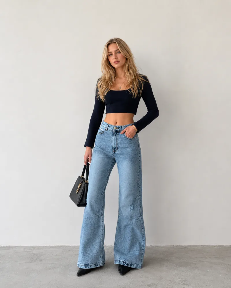 Siyah Yüksek Bel Likralı Paça Kesik Model İspanyol Paça Jean Kot Pantolon