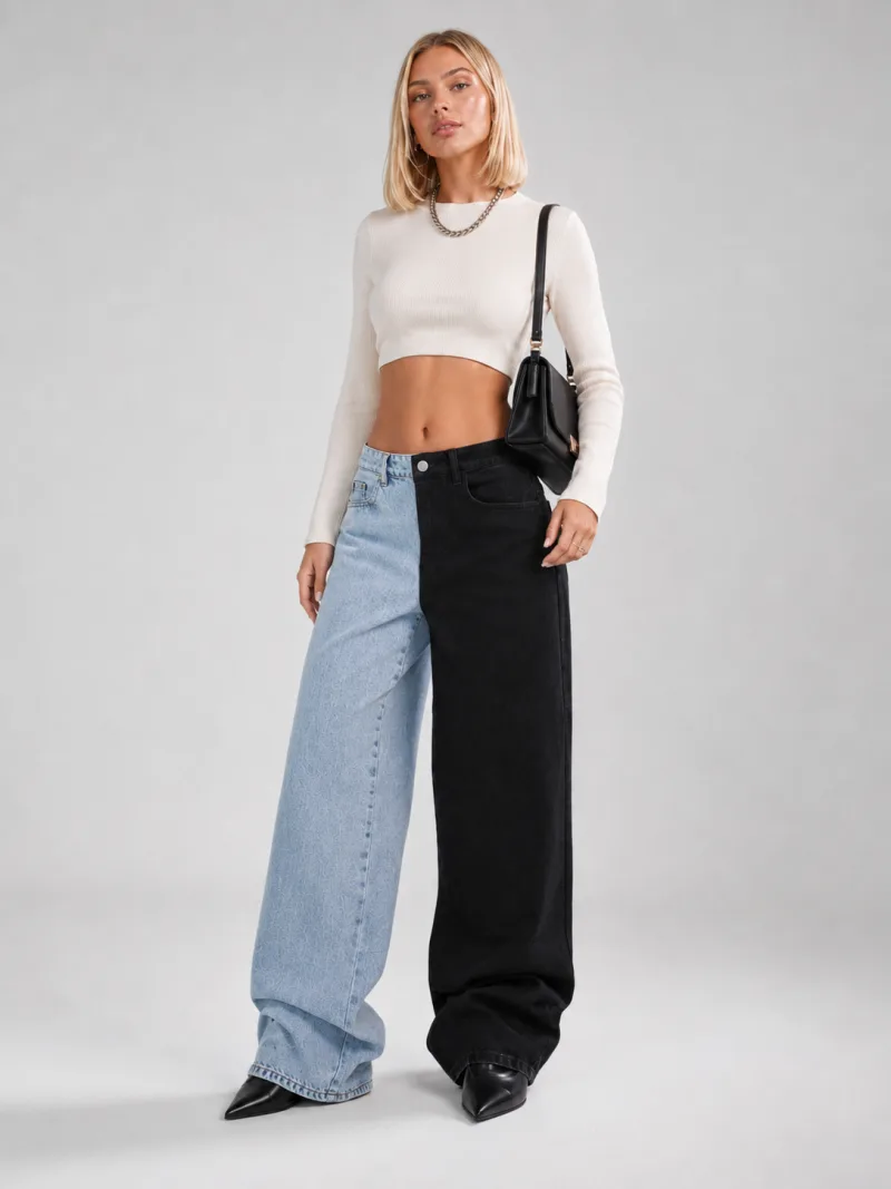 Kadın Çift Renkli Mavi Siyah Yüksek Bel Baggy Jeans Salaş Kot Pantolon