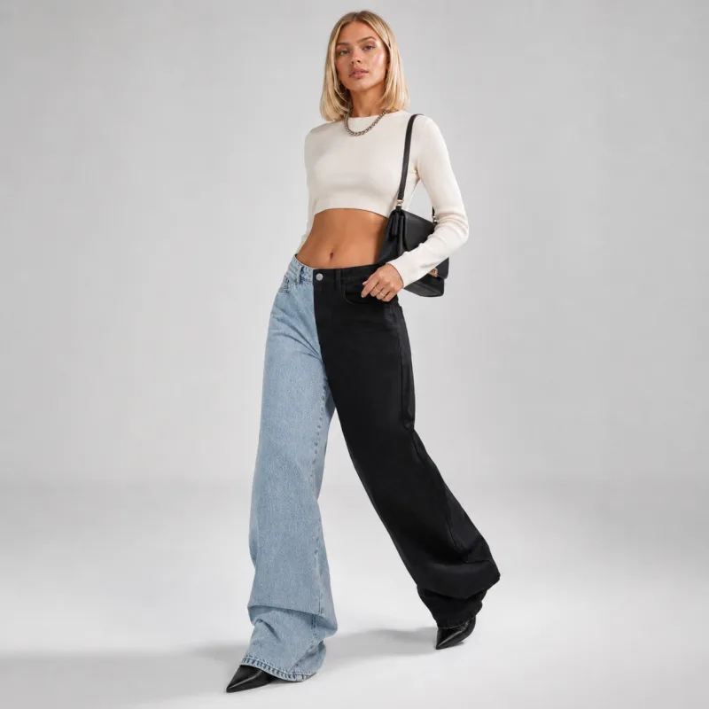 Kadın Çift Renkli Mavi Siyah Yüksek Bel Baggy Jeans Salaş Kot Pantolon