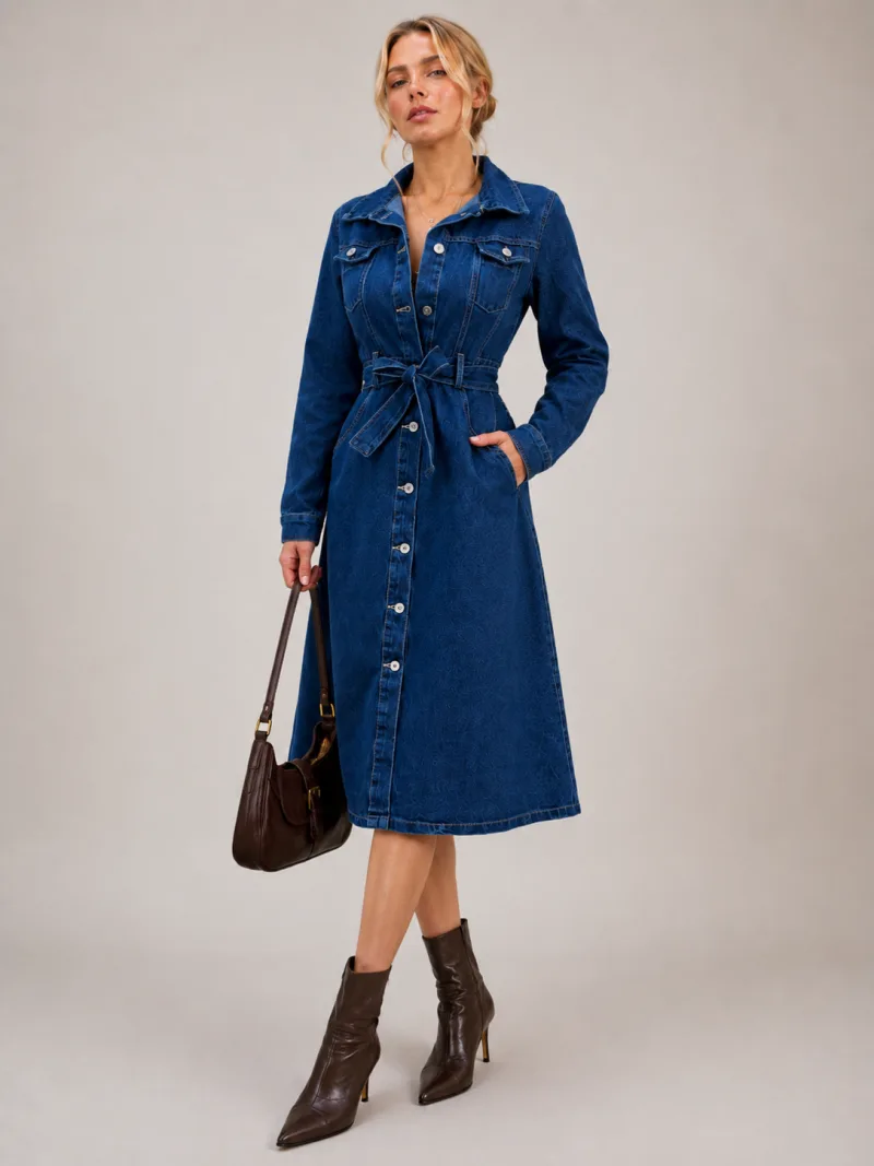 Kadın Uzun Kollu Düğme Kuşak Detaylı Kot Denim Elbise