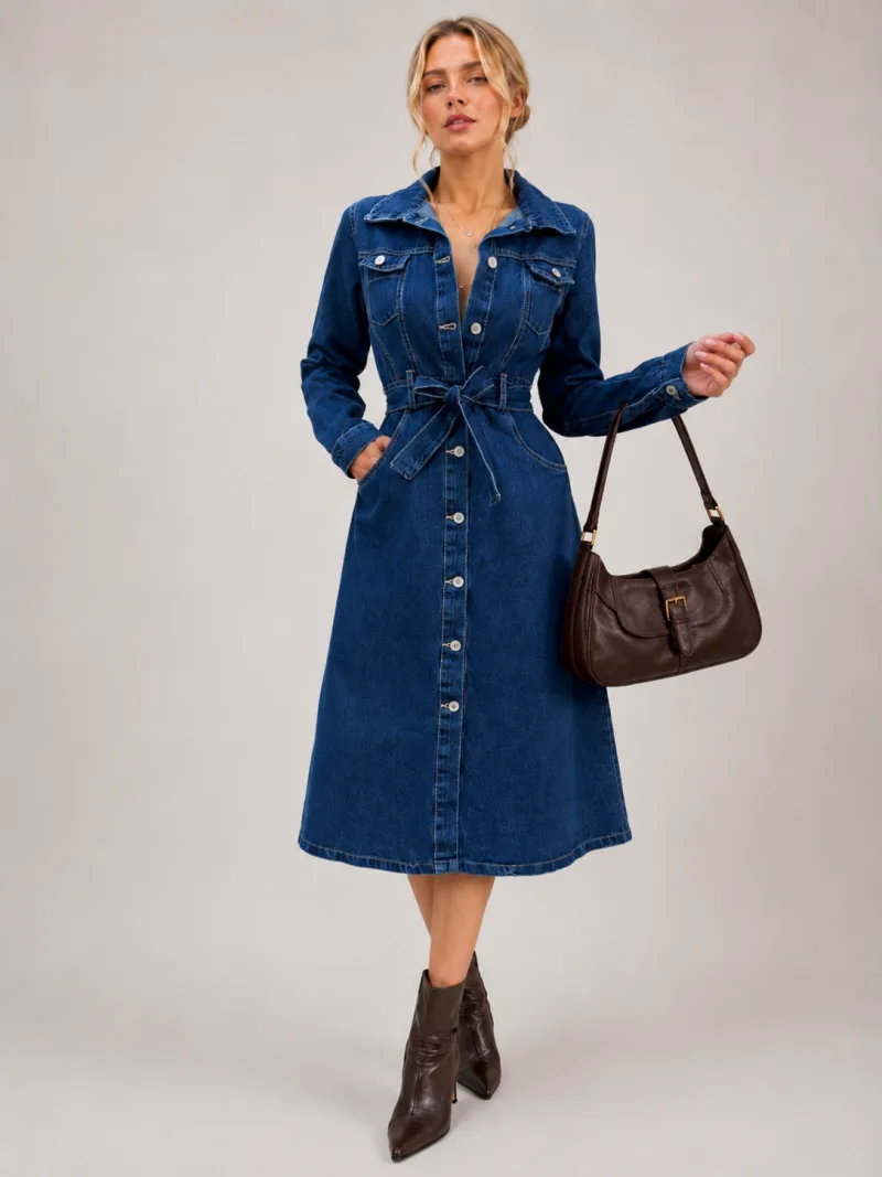 Kadın Uzun Kollu Düğme Kuşak Detaylı Kot Denim Elbise