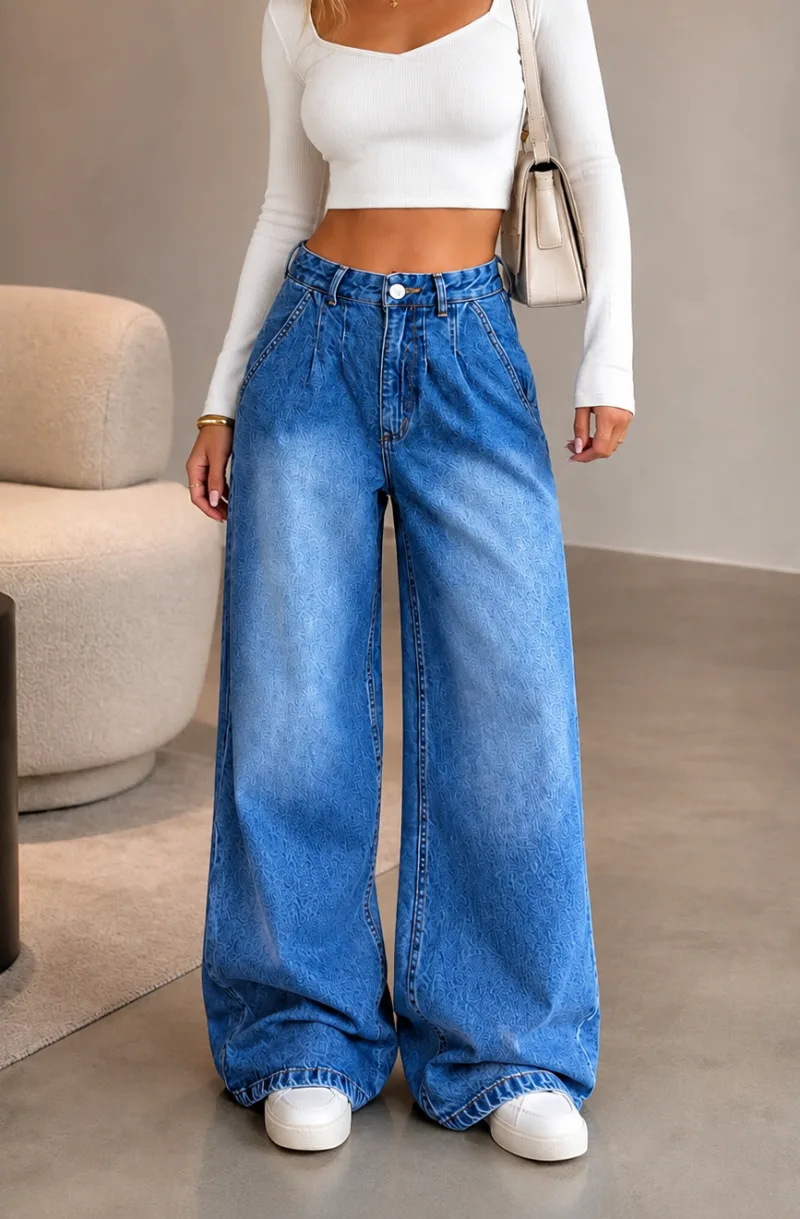 Kadın Mavi Yüksek Bel Tint Yıkama Baggy Jeans Salaş Kot Pantolon