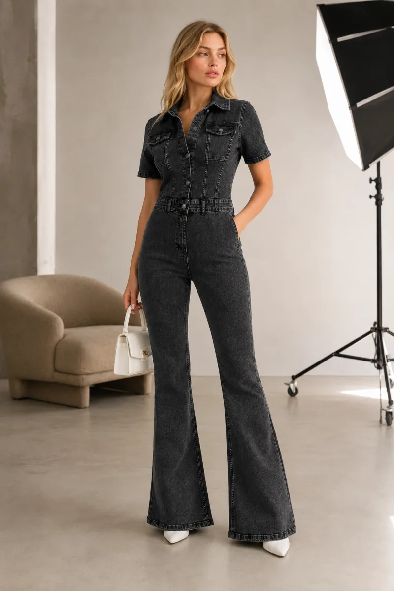 Füme İspanyol Paça Kısa Kol Denim Tulum