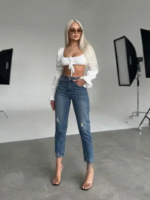 Kadın Tint Yüksek Bel Yırtık Boyfriend Mom Jean Kot Pantolon